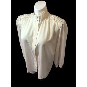 Koret 80s 90s Ivory Blouse Sz 18 Beaded Shoulder Detail Mock Neck Long Slv Top